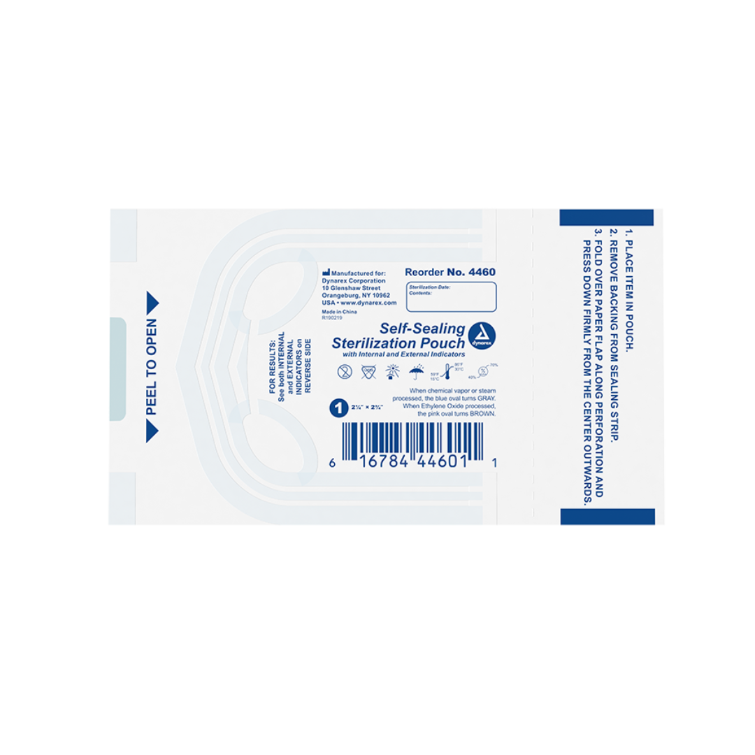 The Dynarex Sterilization Pouches | Self-Sealing Instrument Pouches feature blue instructional text, a barcode, reorder number 4460, "PEEL TO OPEN" on the left, transparent sections, and clear usage instructions on a white pouch.